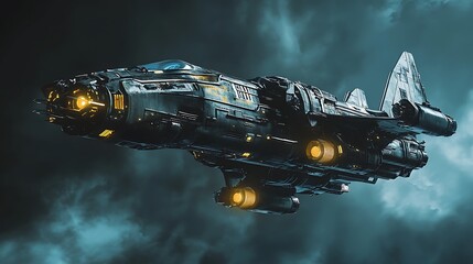 Spaceship Flying in Cloudy Sky with Glowing Lights