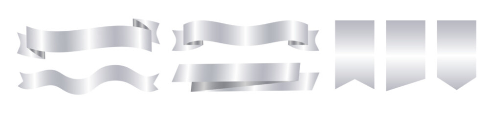 立体感のあるシルバーリボン素材セット（表彰 装飾 バナー デザインパーツ ベクター）