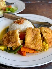 A plate of chicken katsu with vegetables curry and white rice