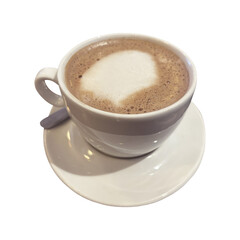 Cup of hot drink Cappuccino or coffee with whipped cream or milk, side view of white cup, saucer and spoon isolated cutout object clipping path, soft focus