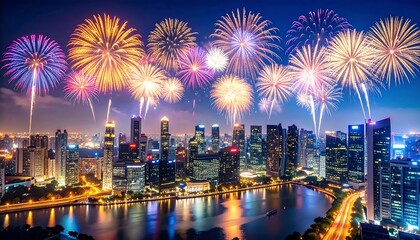 City Skyline with Vibrant Fireworks Celebration