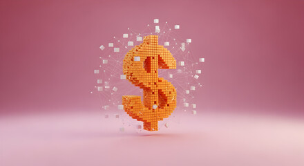 3D Render of an Orange Voxel Dollar Sign with Floating White Cubes on a Soft Pink Background Highlighting Digital