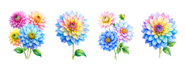 Watercolor Clipart of Fairy Fantastic Different Rainbow Dahlias Isolated on White Background. AI generated. Set of Drawn Elements.