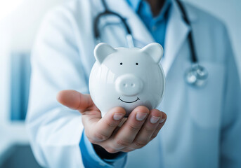 Doctor holding a piggy bank symbolizing healthcare costs and savings