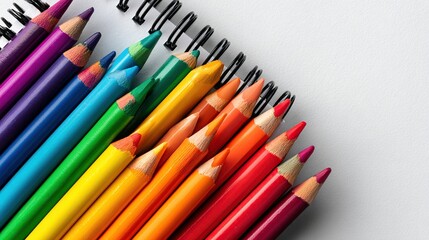 Colorful pencils lie on a spiral notebook, lined up in a spectrum of color