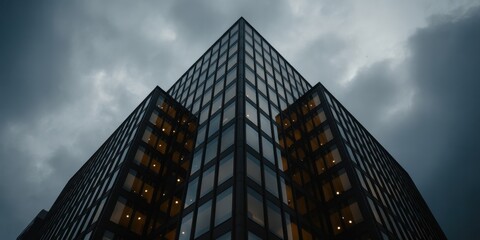 Naklejka premium Low angle view of modern glass skyscraper against stormy sky