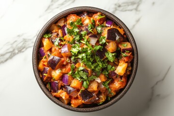 Aromatic eggplant stew, simmered in a rich tomato sauce, garnished with fresh cilantro.