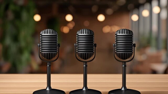 Podcast Vintage Microphones Stand Wooden Table, Creating Nostalgic Atmosphere for Music Lovers Black