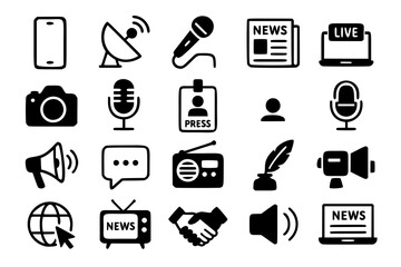 Minimalist black and white vector icon set representing media, journalism, and communication tools such as microphones, satellite dishes, news articles, laptops with LIVE broadcast labels, cameras