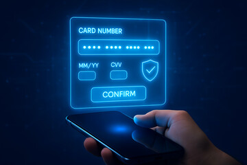 Hand holding a smartphone displaying a glowing blue virtual credit card payment form for secure online transactions.