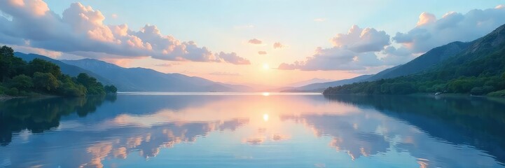 Fototapeta premium A serene landscape of a calm lake reflecting a tranquil sky, perfect for illustrating stress relief and mindfulness Ideal for meditation, relaxation, and wellness themes , dawn, mindfulness