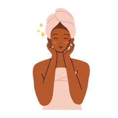 Black woman is happy with her skin. concept of skin care. Info-graphic in flat style of beauty procedures