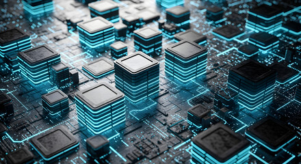 Abstract Digital Circuitry with Glowing Blue Lights Complex System Technology Detailed Design