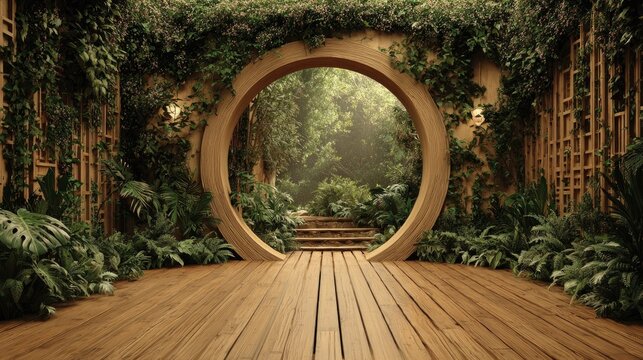 Tranquil wooden courtyard with lush greenery and a circular archway.