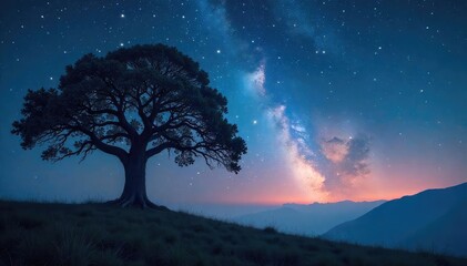 Naklejka premium A mystical scene under a starlit sky, with a wise old tree silhouetted against the celestial backdrop Perfect for concepts of wisdom, nature, and tranquility , mystical, magic