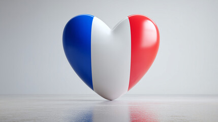 A 3D heart with France flag colors (blue, white, red), standing on a reflective floor, isolated on a pure white background.
