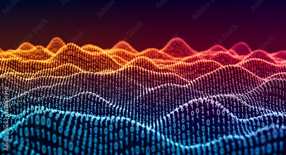 Wall mural abstract digital landscape with binary code terrain made of glowing white dots in blue orange and re