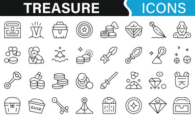 Treasure chest, gold coins, and jewels icon set for wealth representation