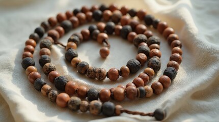 Obraz premium Beaded Necklace Made of Brown and Black Natural Stones on Light Fabric Surface
