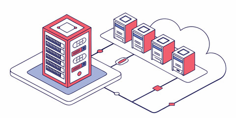Modern isometric illustration of a server rack connected to cloud computing infrastructure