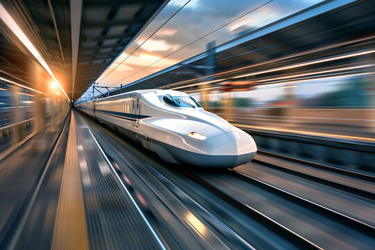 駅を高速通過する未来型の日本の新幹線の躍動感あるシーン