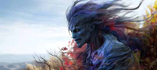 A haunted gothic lycan dryad perched on a wind-swept hill art, generative ai