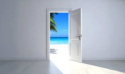 An open white door in a minimalist room, revealing a stunning tropical beach with clear blue ocean.