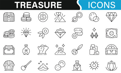 Treasure and riches icons including diamonds, coins, and artifacts