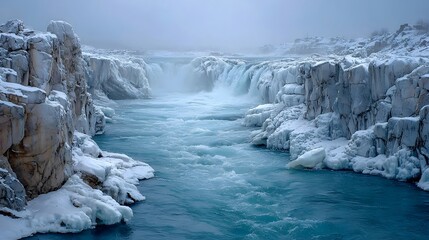 Frozen waterfall surrounded by icy rocks and mist