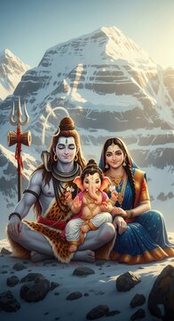 Vertical Mobile Wallpaper of Shivaji, Parvati Ji, and Ganesha on Mount Kailash &ndash; Ganesh Family HD Background for Phones
