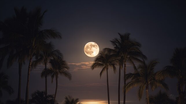 A glowing full moon shines over a tropical beach lined with palm trees, under a starry summer night sky.