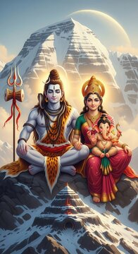 Vertical Mobile Wallpaper of Shivaji, Parvati Ji, and Ganesha on Mount Kailash &ndash; Ganesh Family HD Background for Phones