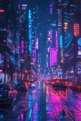 Obraz premium Futuristic cityscape at night with bright neon lights illuminating the urban landscape