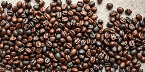 Naklejka premium Dark brown roasted coffee beans viewed from above, scattered on a surface, espresso, top view