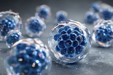Microscopic view of translucent spheres encapsulating dense clusters of smaller, vibrant blue cells on a sleek, grey surface