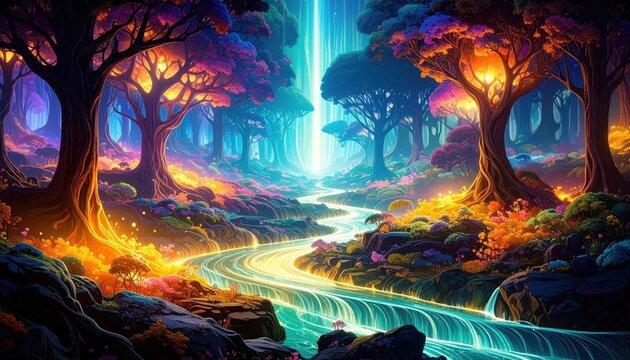 Magical Glowing Forest River Waterfall Pixel Art