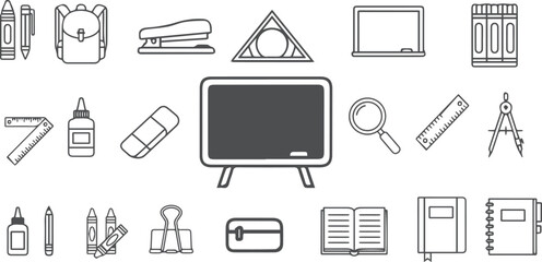 School Supplies Line Icons &ndash; Pencil, Book, Ruler, Eraser, Bag, Stapler Vector Set