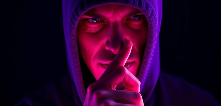 Mysterious figure with finger to lips, dark violet background,  dramatic lighting, shh