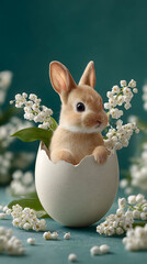 Cute baby rabbit sitting inside white eggshell surrounded by spring flowers on green background, Easter bunny concept for holiday, childhood, cuteness, celebration, and seasonal greeting design