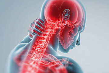 Medical 3D illustration of human neck and spine with highlighted nerves and pain zones, diagnostic concept for neurology, spine health, chiropractic care, and physical therapy anatomy visuals