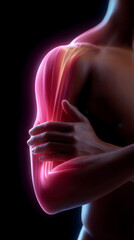 Male torso with glowing shoulder joint pain, black background highlighting inflammation, medical concept for arthritis, joint injury, physical therapy, sports trauma, and musculoskeletal health