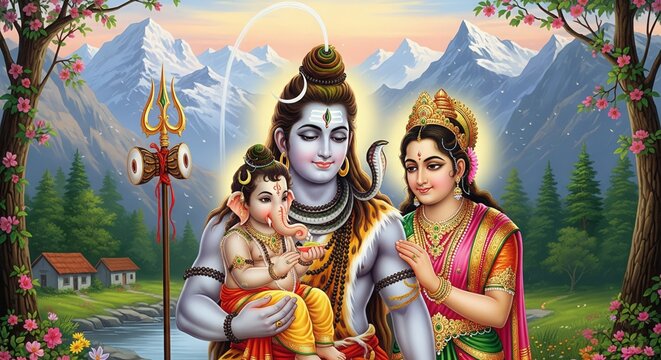 Lord Shiva Holding Ganesha &ndash; Parvati Beside in Sacred Himalayas | Ganesh Wallpaper HD, Devotional Family Background