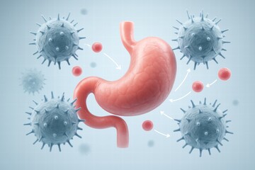 A Detailed Visualization of the Human Stomach Engaging with Immune Cells and Pathogens, Highlighting the Complex Interactions Within the Gastrointestinal System