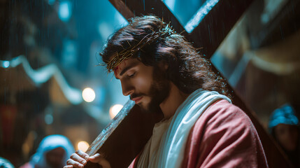 Jesus Christ carrying large wooden cross in dramatic lighting, emotional biblical moment symbolizing sacrifice, redemption, Christian faith, and passion of Christ in religious storytelling visuals