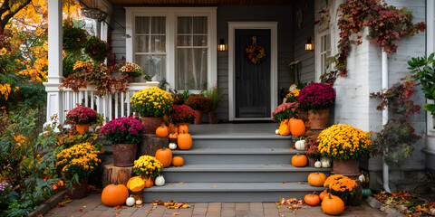 Fall pumpkins and flowers on front porch, home exterior decoration, seasonal decor