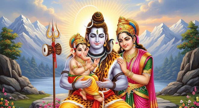 Lord Shiva Holding Ganesha &ndash; Parvati Beside in Sacred Himalayas | Ganesh Wallpaper HD, Devotional Family Background