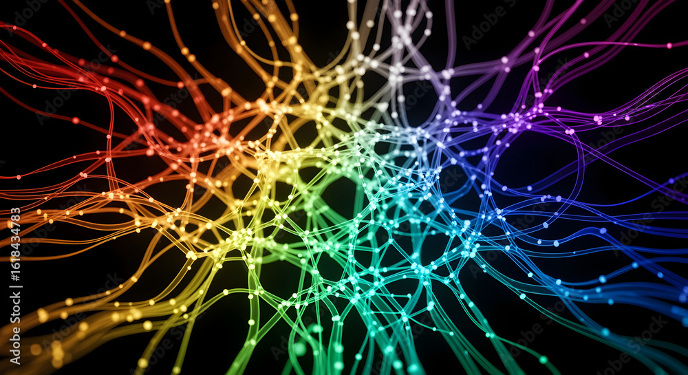 Wall mural abstract rainbow network of interconnected light streaks radiating from center on black background c