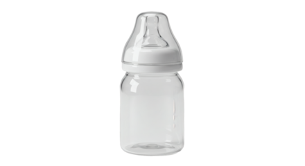 Clear plastic baby bottle with white nipple.