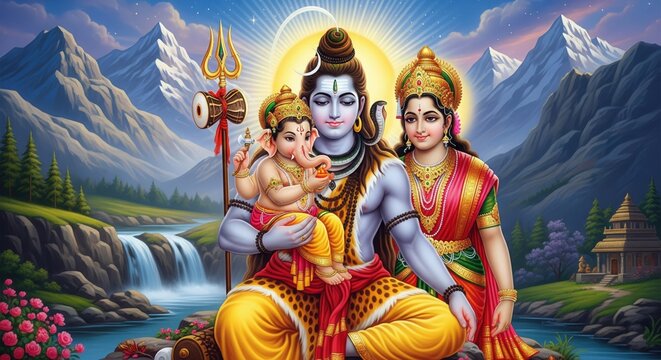 Lord Shiva Holding Ganesha &ndash; Parvati Beside in Sacred Himalayas | Ganesh Wallpaper HD, Devotional Family Background
