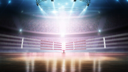 Beautiful empty background. Bright lighting with spotlights. Big arena with viewers. Professional stadium. Dynamic sports background. Full tribune. Wide angle